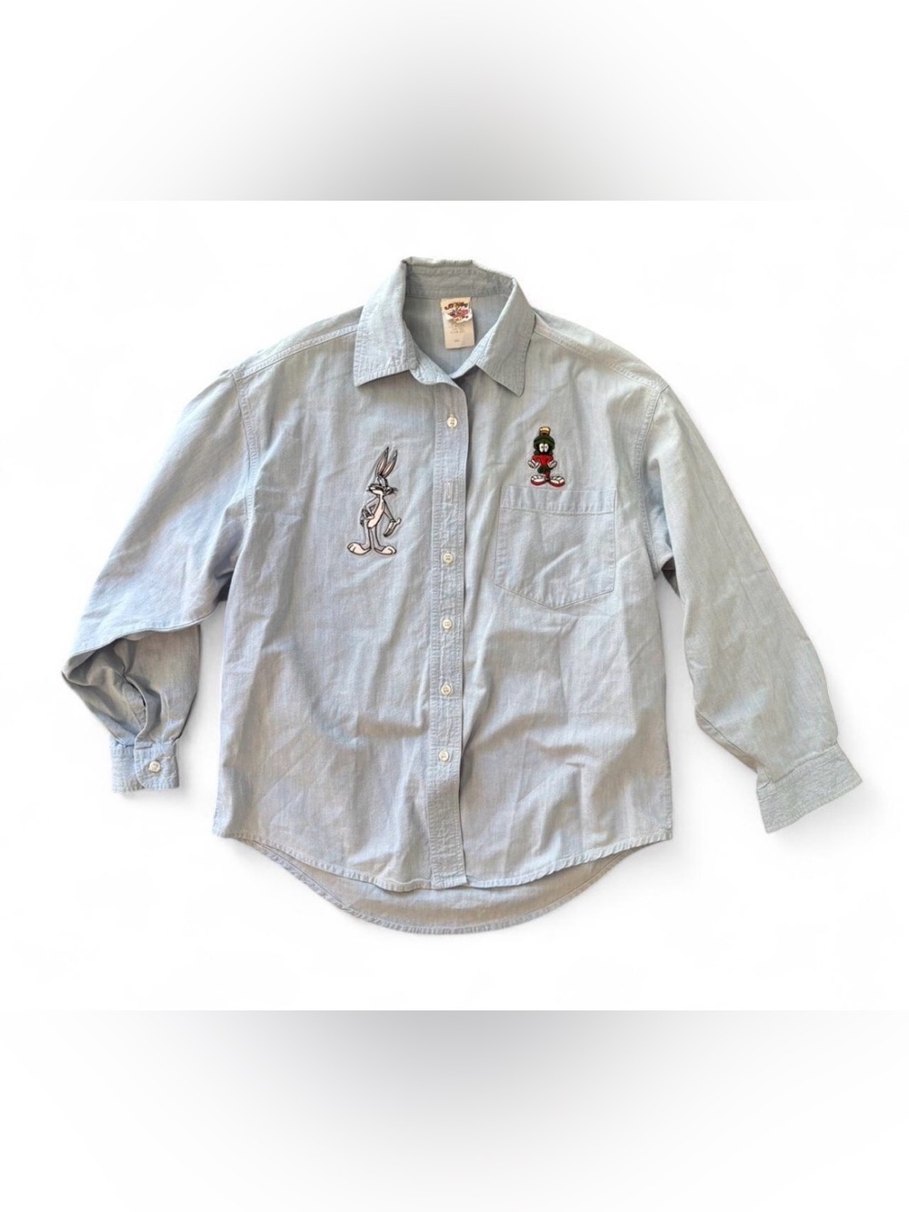 Vintage 90’s Looney Tunes Chambray Button Down Embroidery Cartoon Shirt Size S